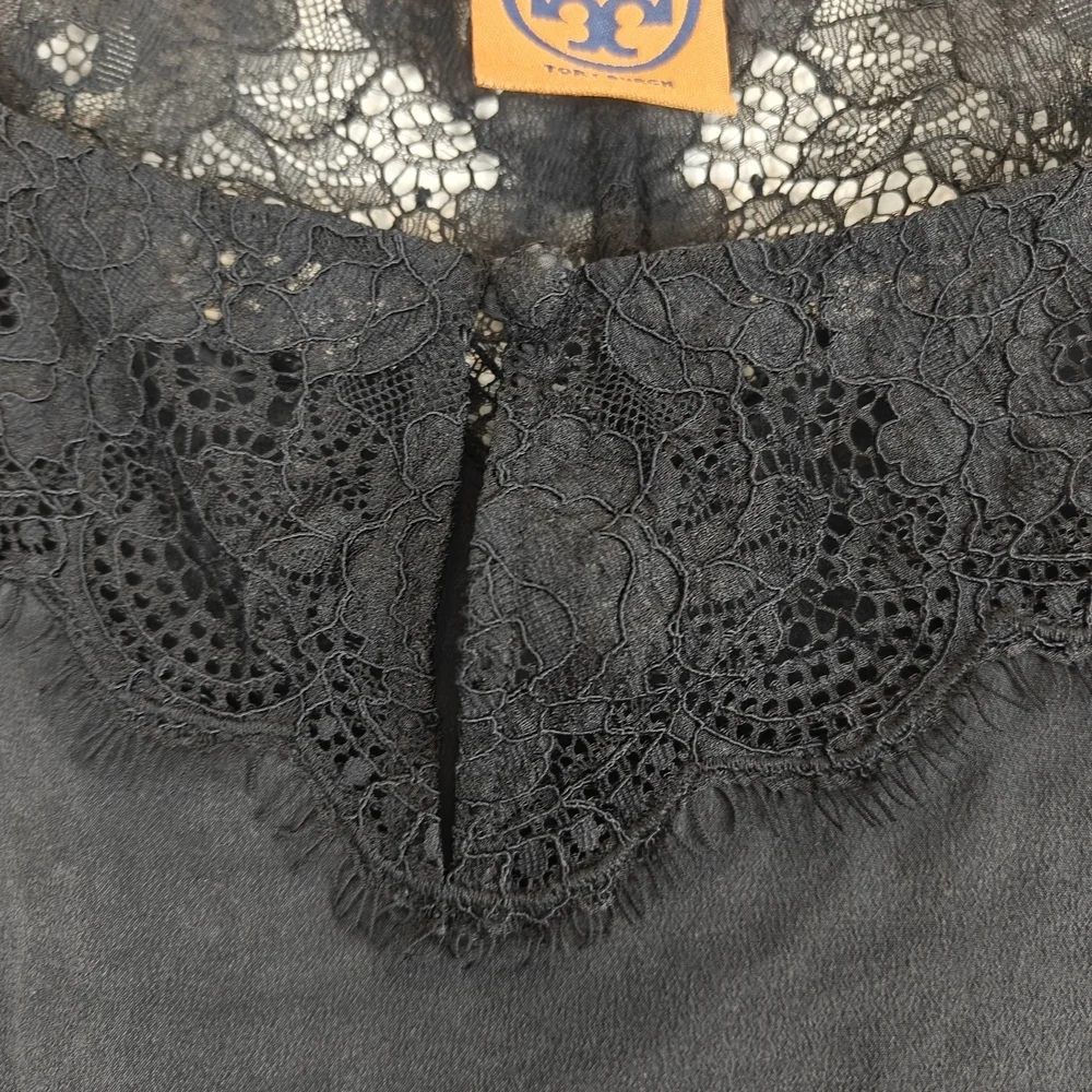 Tory Burch Black Silk Lantern Sleeve Blouse | Lace Neckline Romantic Boho Top 6